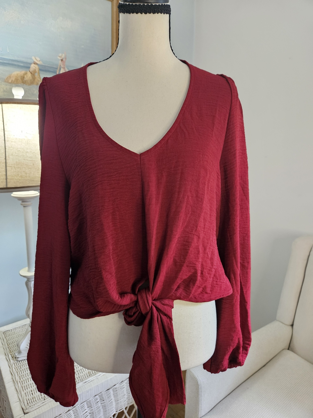 Women's Red V-Neck Tie-Front Blouse. Christmas, Holidays.p70